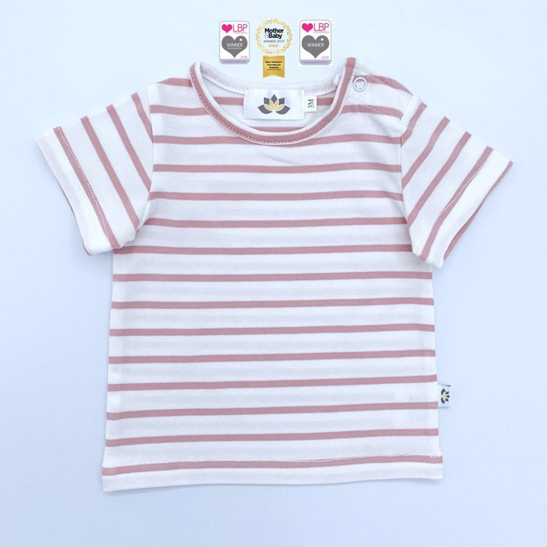The Juno – Short-Sleeved Baby/Child Twinning Top – Rose & Ecru Stripe